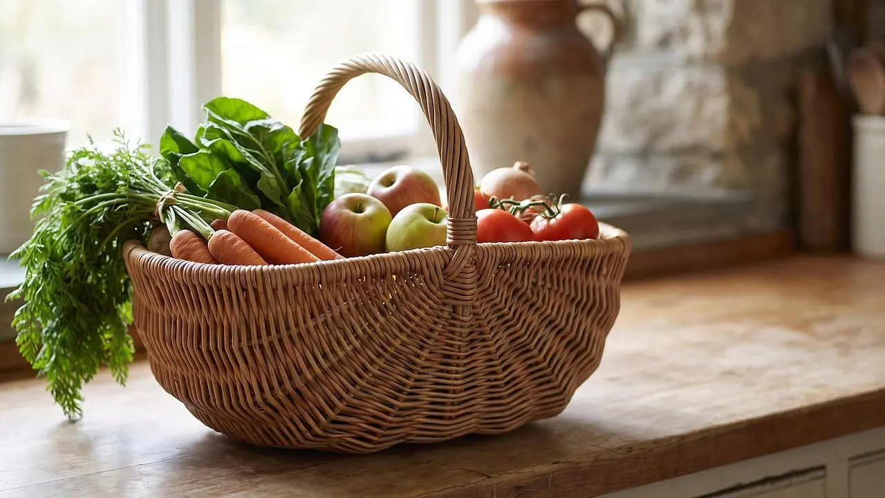 A table of fresh fruit and vegetables, illustrating nutrition topics on a wellness blog